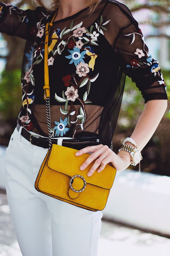 embroidered mesh top white jeans yellow pocket