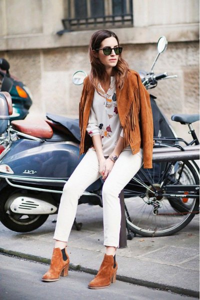embroidered white shirt brown suede ankle boots