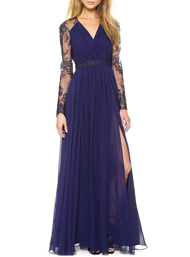 Empire Waist Dress - Navy Blue Evening Dress / Lace Long Sleev