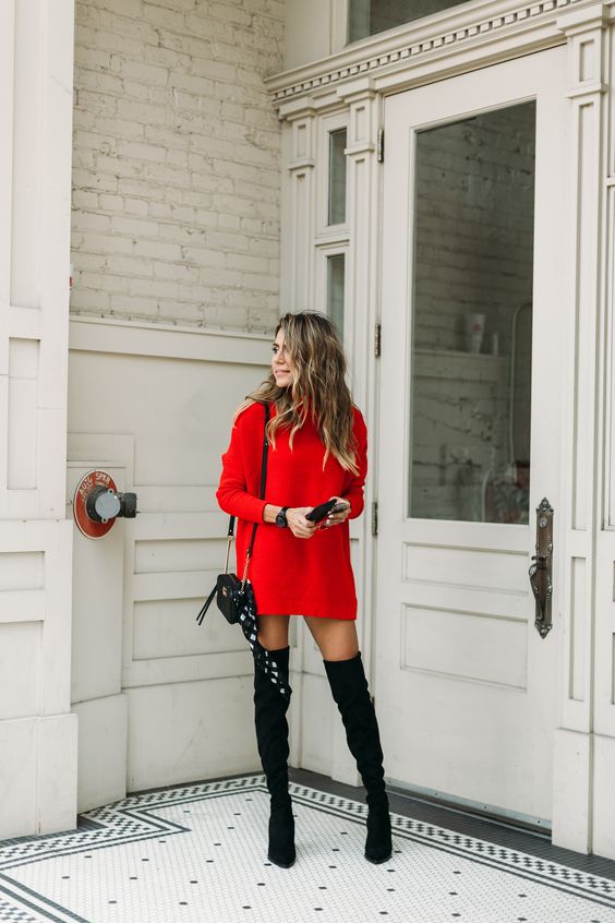 Sweater dress, red thigh high boots