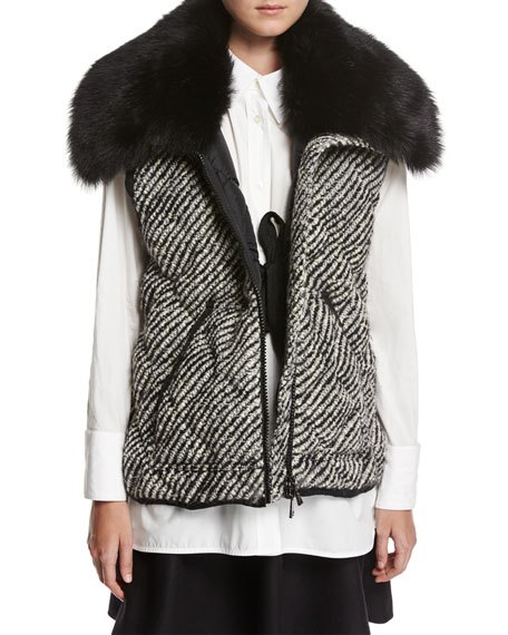 Quilted faux fur tweed vest, white blouse