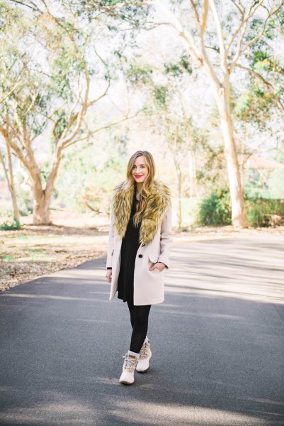 Faux fur wool coat with a black sheath dress and white duck boots