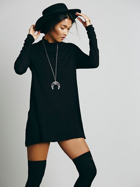 Felt hat black knitted sweater mock neck mini dress