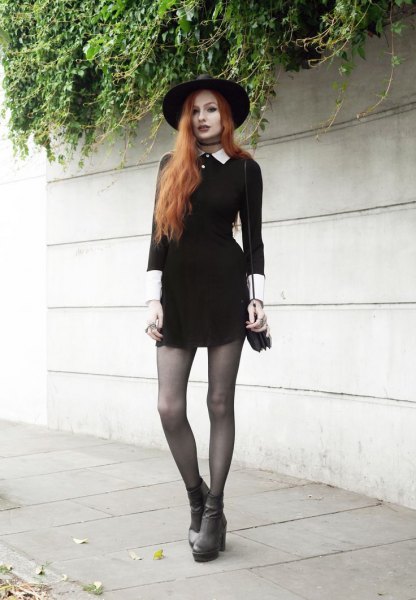 Felt hat with a mini skater dress and gray boots