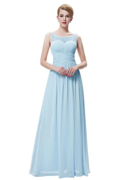 Fit and flare chiffon light blue sleeveless long dress
