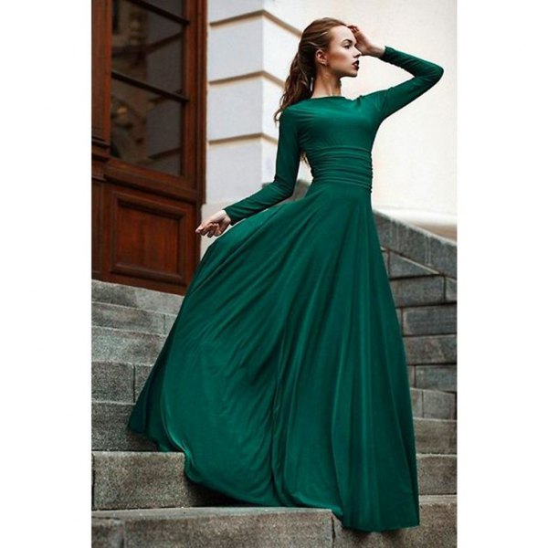 Fit and flare long sleeve floor length flowing ball gown