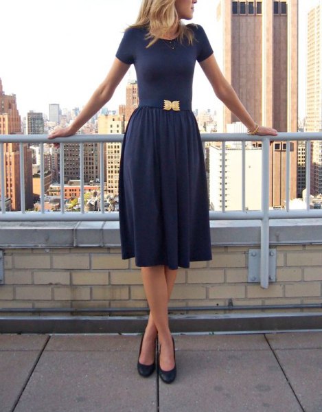 Fit and flare navy blue midi dress with rounded toe heels