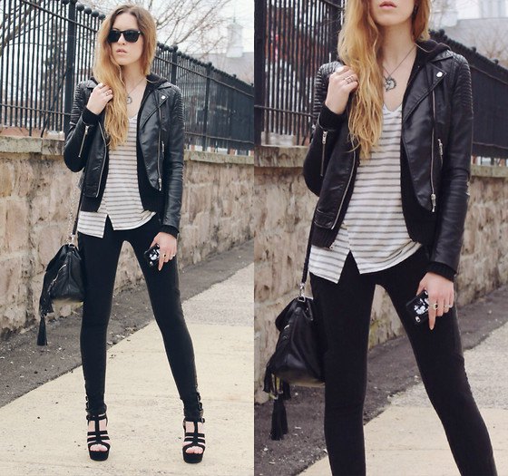 tailored moto jacket with gray and white striped top with V-neck and skinny jeans