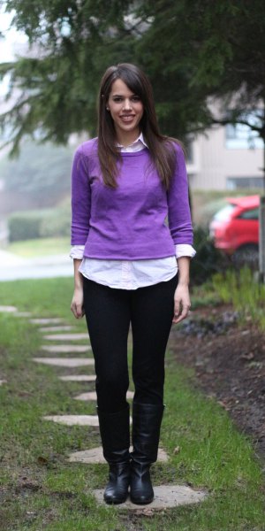 fitted sweater over white shirt with buttons