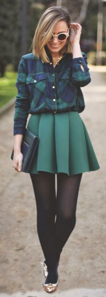 Flannel shirt pleaded mini skirt