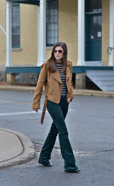 flared velvet jeans with brown suede moto jacket