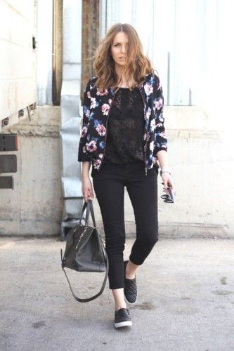 Casual outfits ideas with slip on shoes | Floral bomber jacket .
