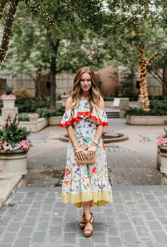 Flower dress with cold shoulder red yellow