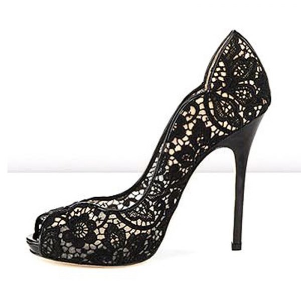 Flower-embroidered lace heels with a black, figure-hugging midi cocktail dress