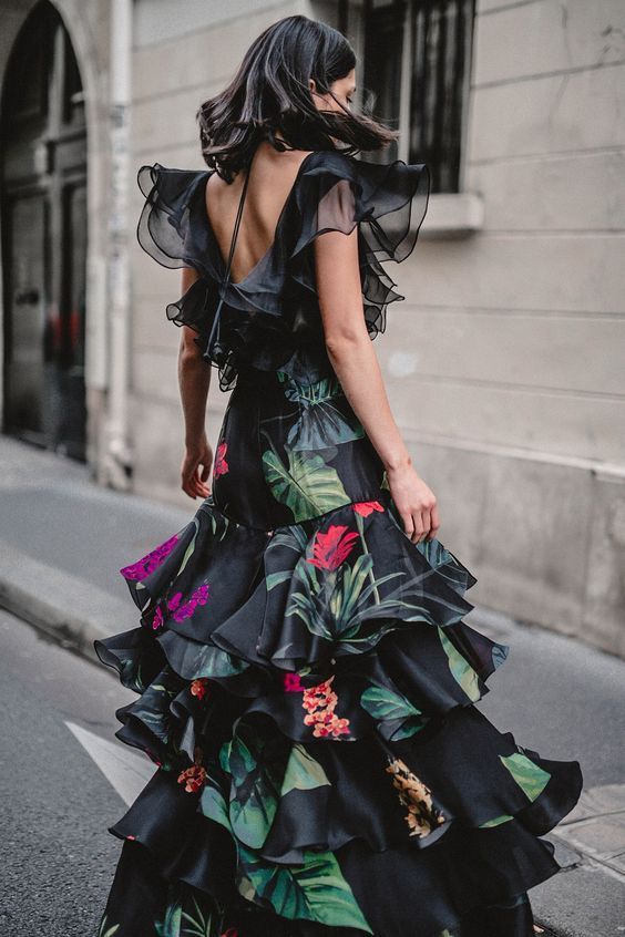 Maxi dress with floral green and black ruffles