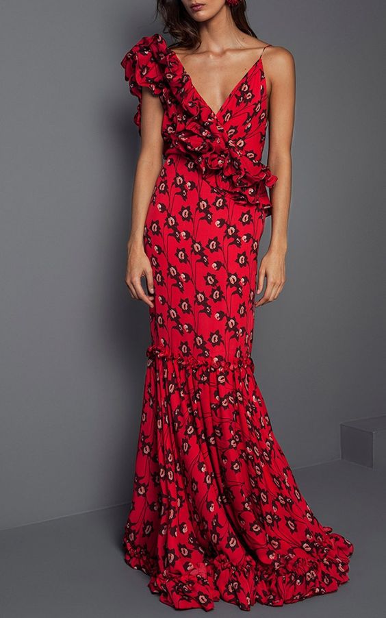Red floral ruffle maxi dress