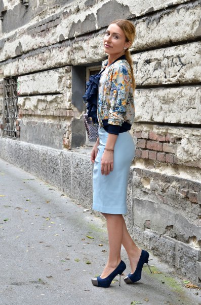 Flower jacket with a sky blue pencil skirt and black heels