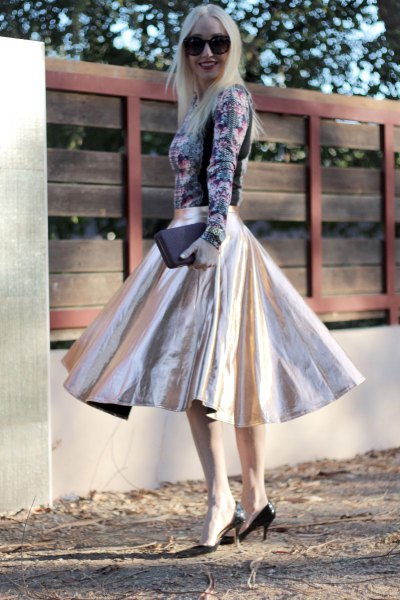 Floral long sleeve top silver flared midi skirt