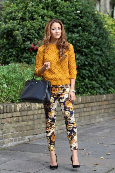Flower pants green yellow knitted sweater