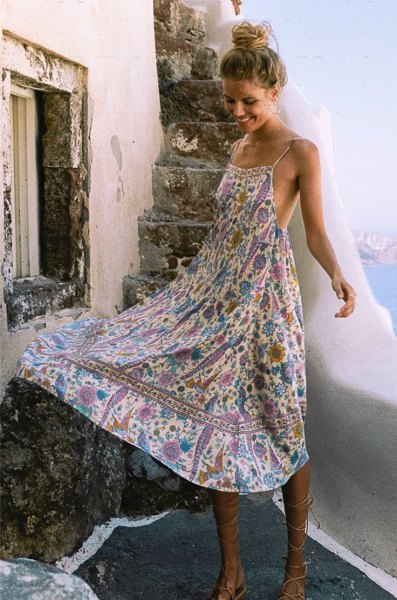 floral printed halter midi dress with gladiator sandals