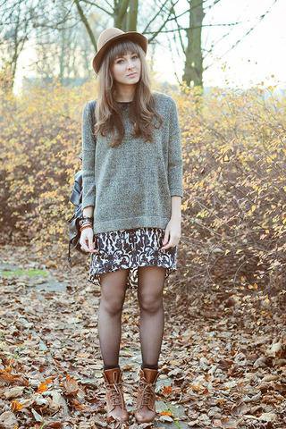 Floral skirt gray knitted sweater hiking boots