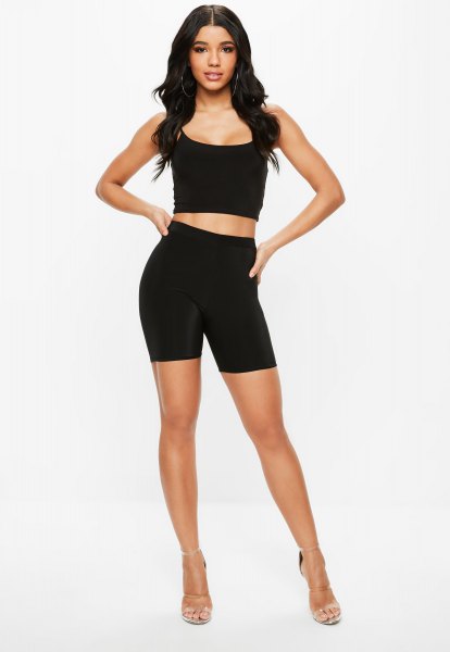 Figure-hugging, short-cut tank top with a scoop neckline and high-waisted biker shorts