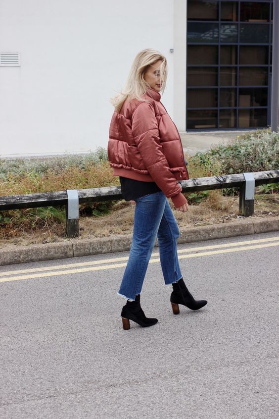 frayed lower jeans puffer jacket