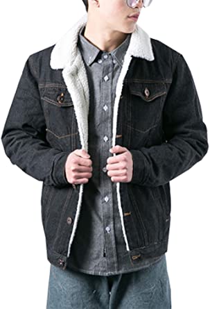 LifeHe Men's Winter Fleece Lined Fur Collar Denim Jacket Coats at .