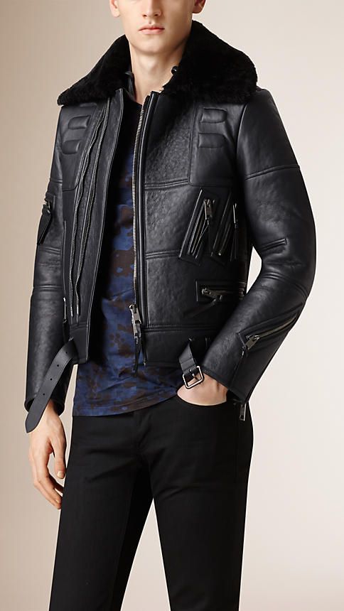 Burberry Ink Shearling Biker Jacket with Fur Collar - A structured .