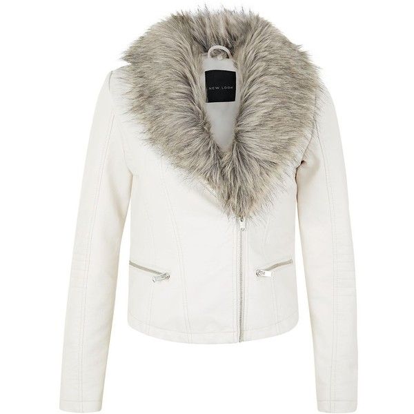 Cream Leather-Look Faux Fur Collar Biker Jacket | Fur collar .
