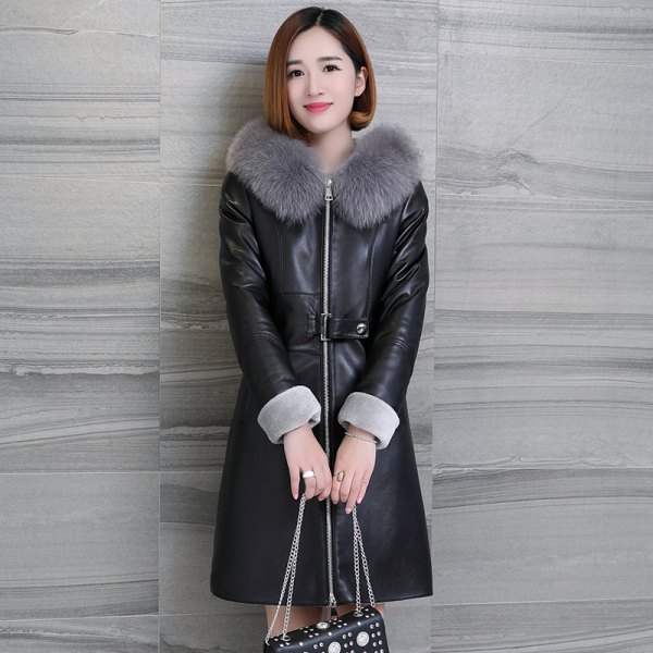 knee-length leather dress with fur collar