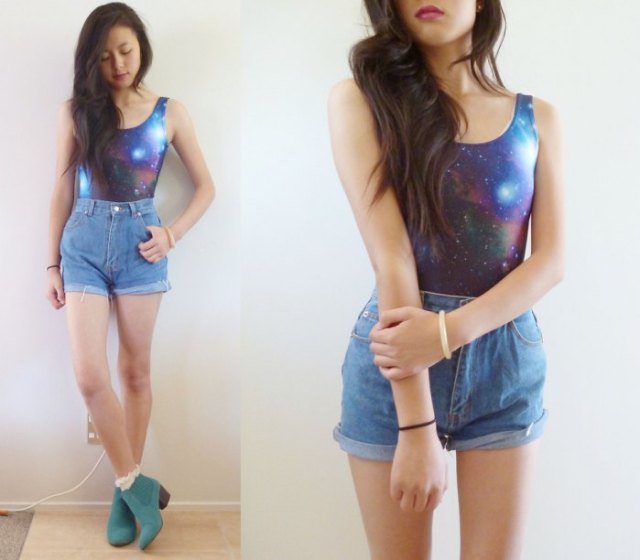 fitted tank top with galaxy print and blue vintage denim shorts