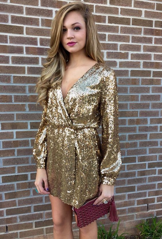 wrapped in golden sparkling dress