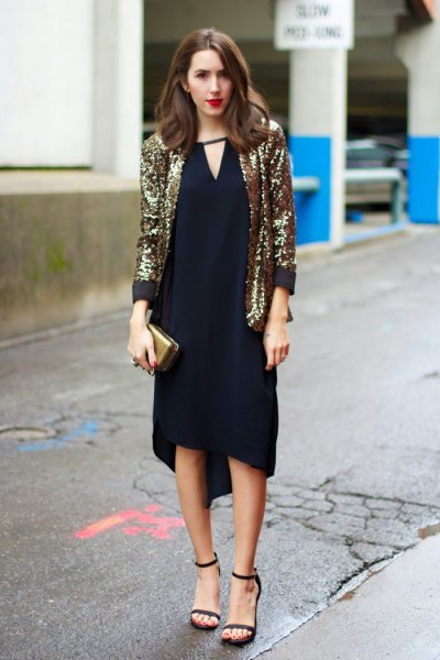 golden blazer with black midi dress with V-neck