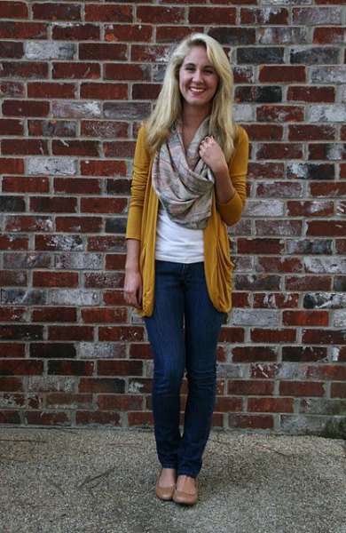 golden cardigan with blushing pink infinity scarf