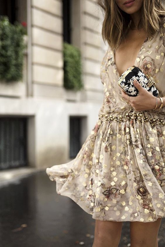 golden cocktail dress with floral pattern