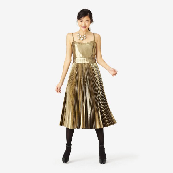 Gold lame spaghetti straps fit and flared, pleated midi dress
