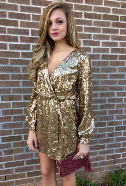 Gold Long Sleeve Sequin Wrap Dress