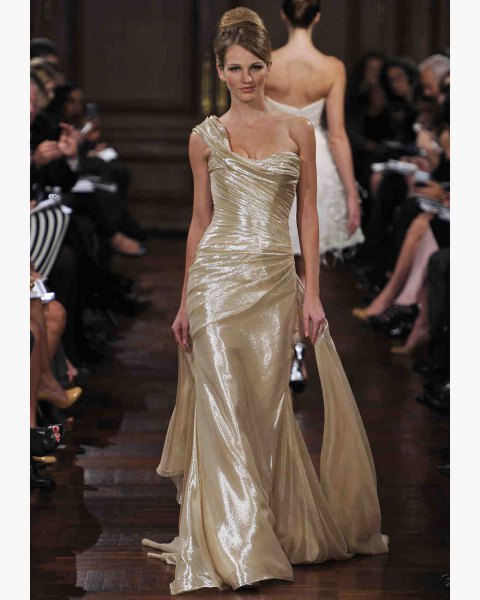 Gold one shoulder floor length mermaid lame dress