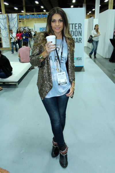 golden sequin jacket with relaxed fit and white printed t-shirt