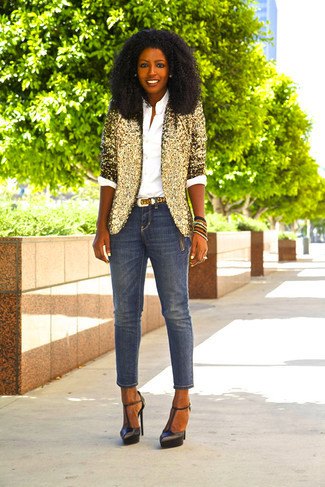 golden sequin blazer with half sleeves and short skinny jeans