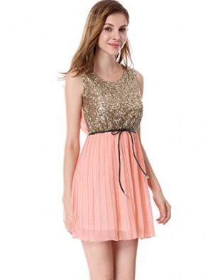 gold sequin tank top with blushing pink mini chiffon pleated skirt