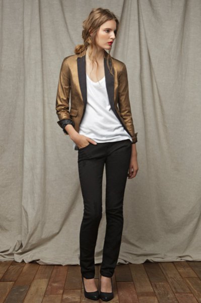 golden slim fit blazer with white vest top and black skinny jeans