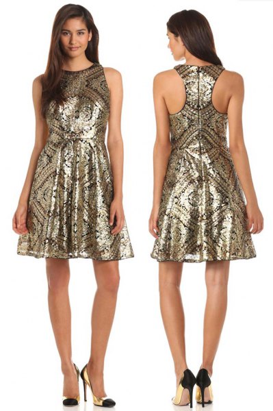 golden tribal printed fit and flared dress