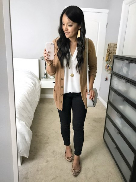 gold-green casual cardigan with white top with V-neck
