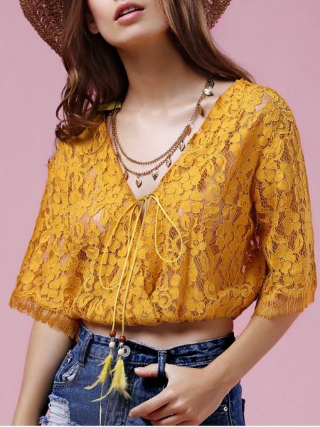 golden lace semi-transparent short cut blouse with straw hat