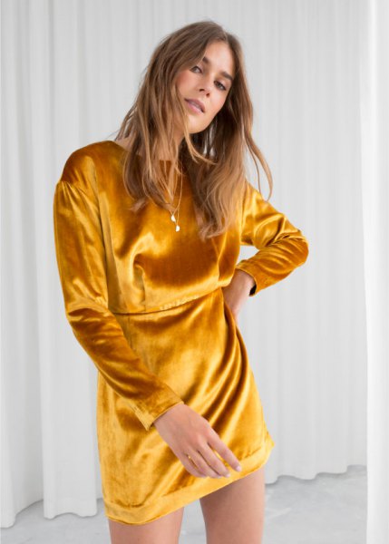 golden mustard-colored shirt dress with heels