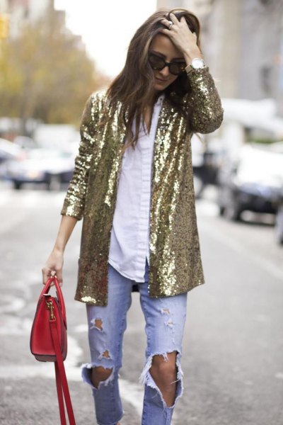 gold oversized sequin blazer with white shirt and boyfriend jeans