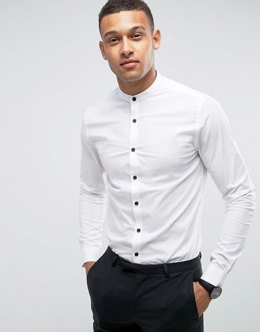 $32 white btton up with grandad collar, contrasting buttons | Mens .