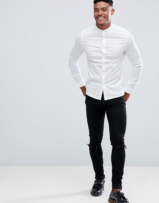 ASOS DESIGN skinny shirt in white with grandad collar | ASOS .